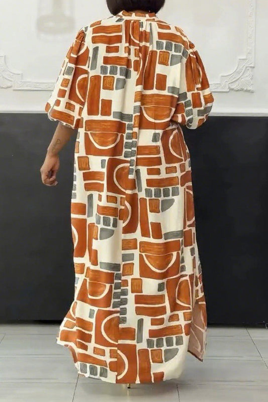 Print Buttons Basic V Neck Long Dresses
