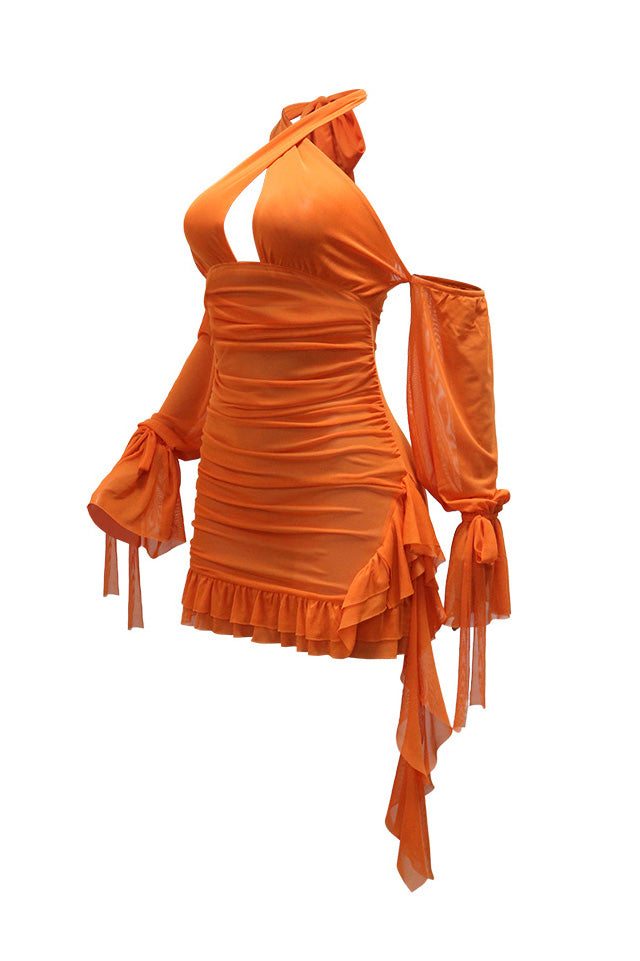Ruched Mesh Cutout Halter Mini Dress