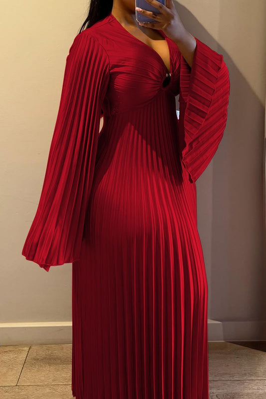 Plus Size V-Neck Pleated Flare Sleeve Maxi Dress