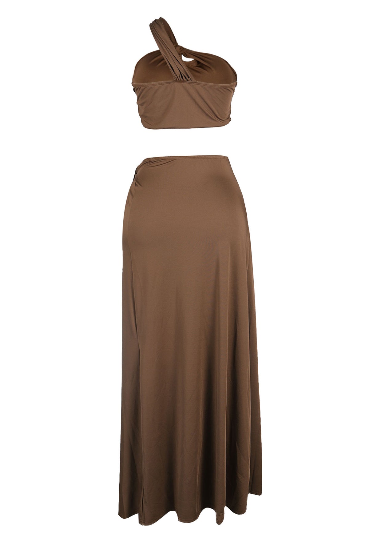 Solid One Shoulder Crop Top and Slit Skirt Set