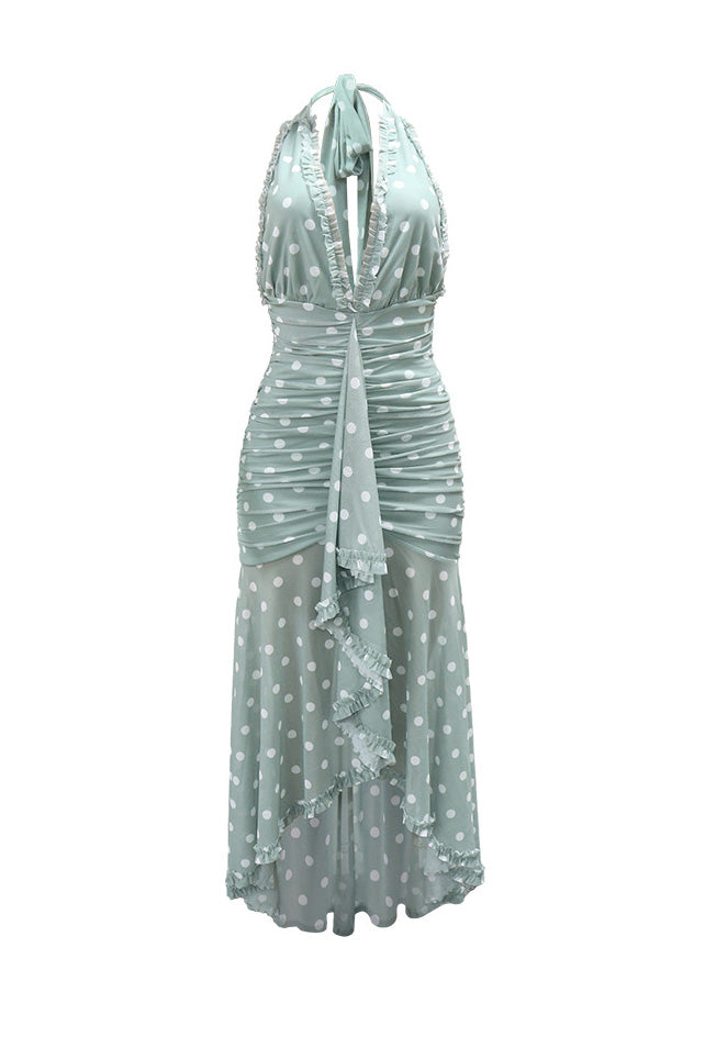 Plunging Halter Ruched Ruffle Maxi Dress