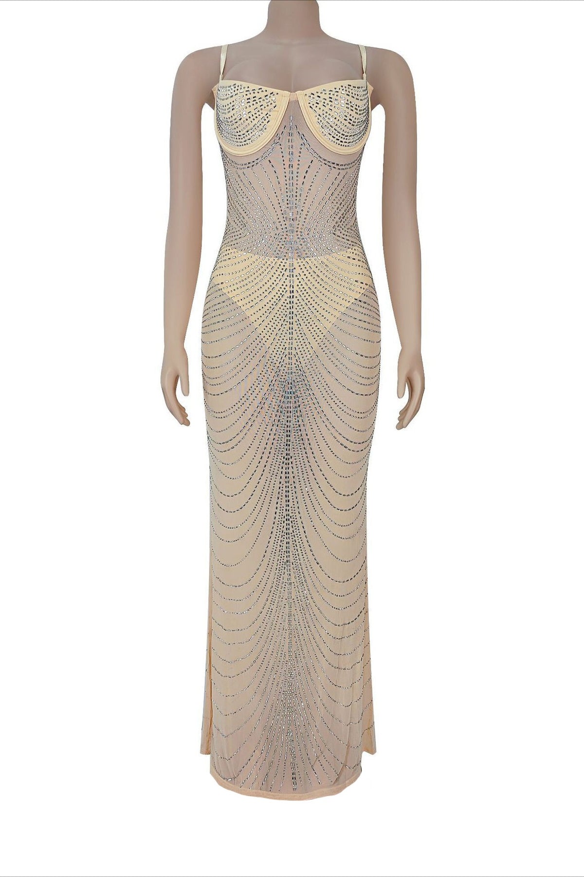 Sheer Rhinestone Bustier Maxi Dress