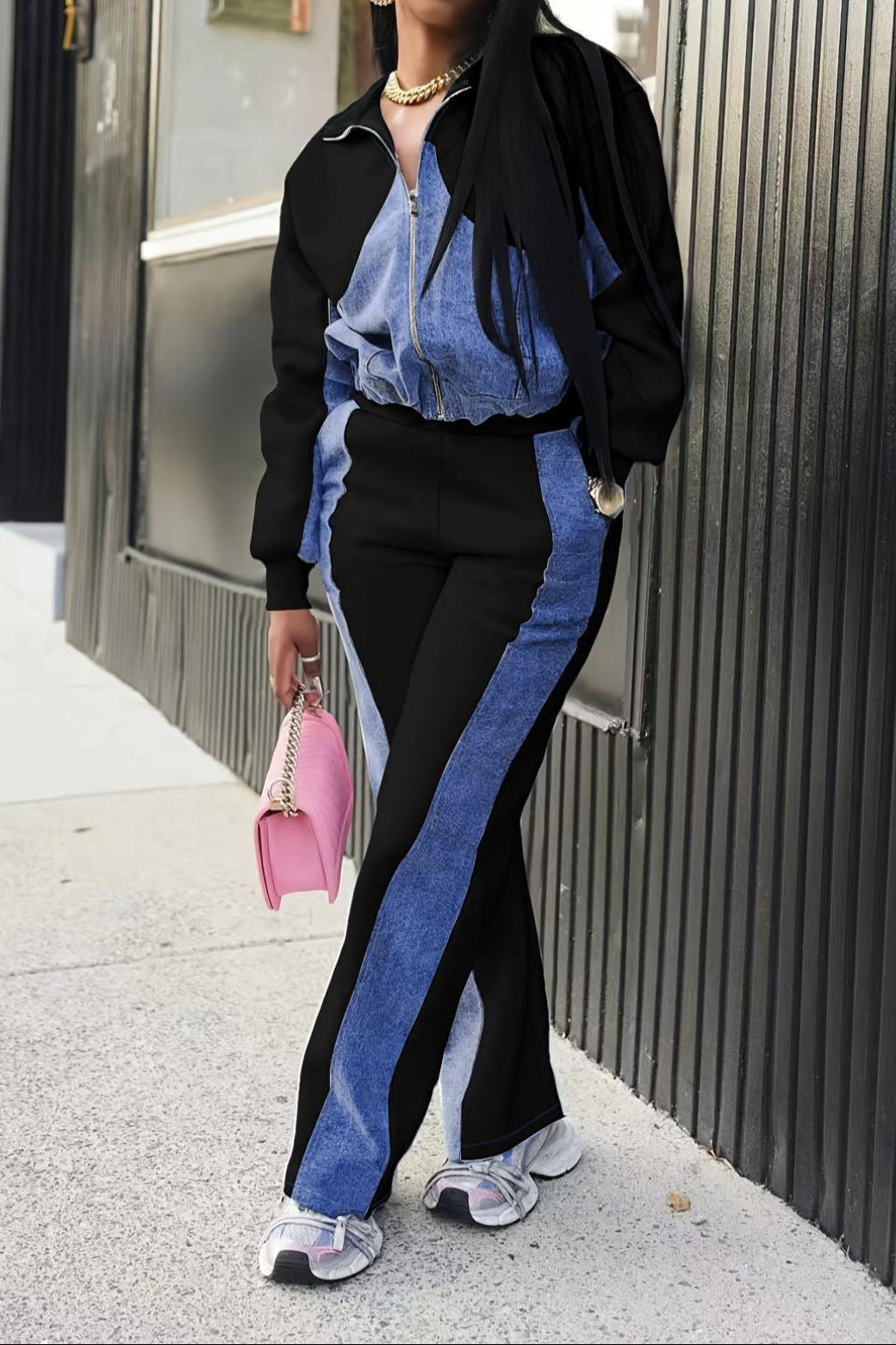 Denim Patchwork Jacket & Long Pant Set