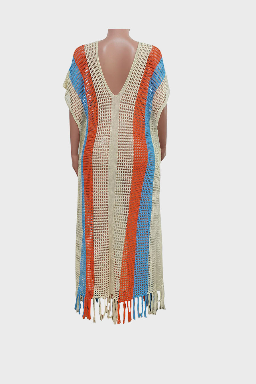 Colorblock V Neck Short Sleeve Split Cover Up