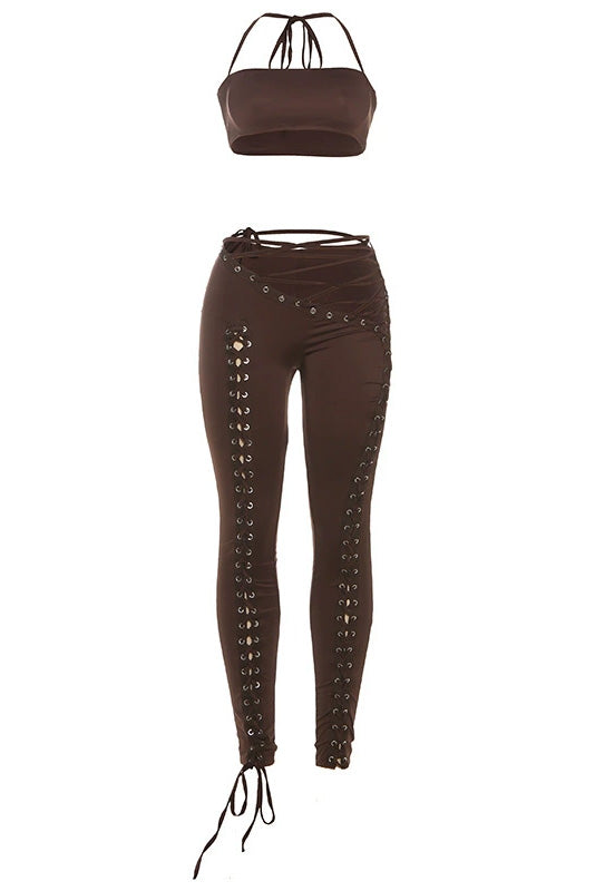 Crop Top and Lace-Up Pants 2-Piece Set