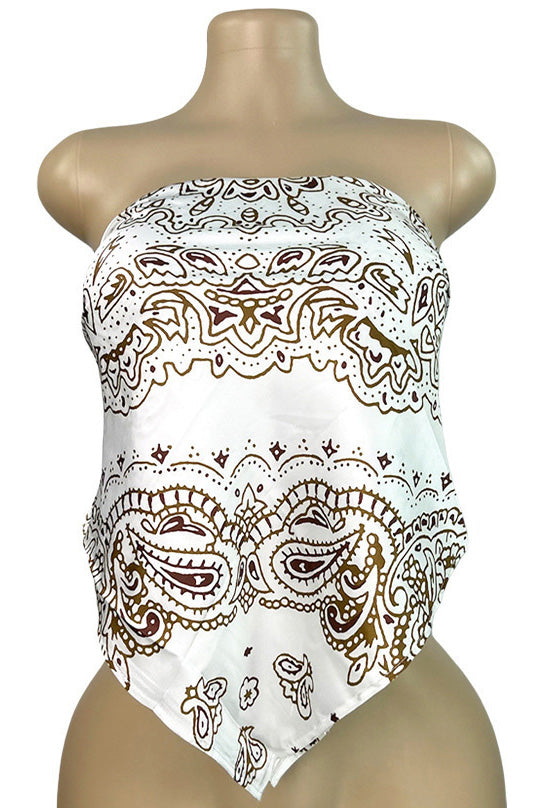 Printed Strapless Scarf Top with Tie Back