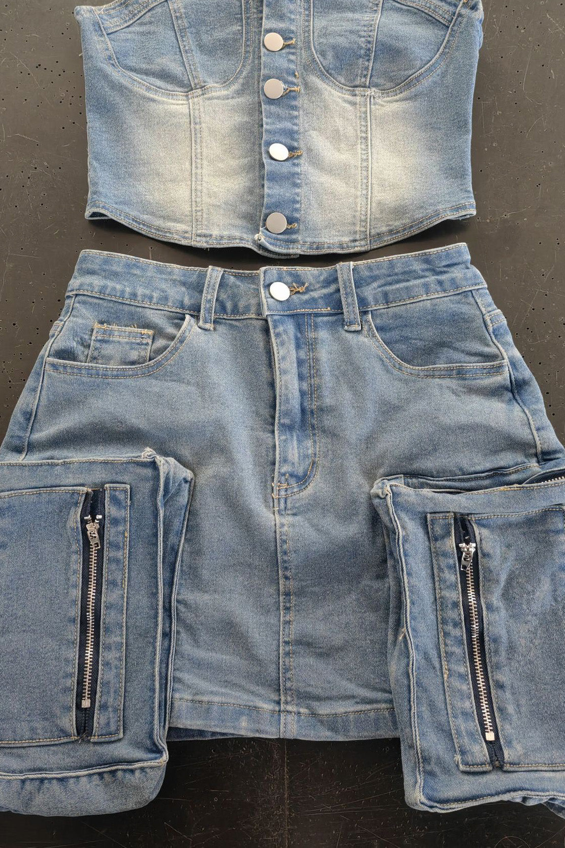 Denim Cargo Skirt Set