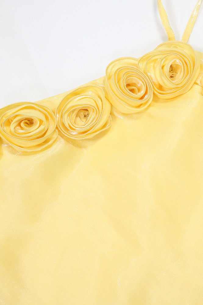 3D Floral Rosette Satin Maxi Dress