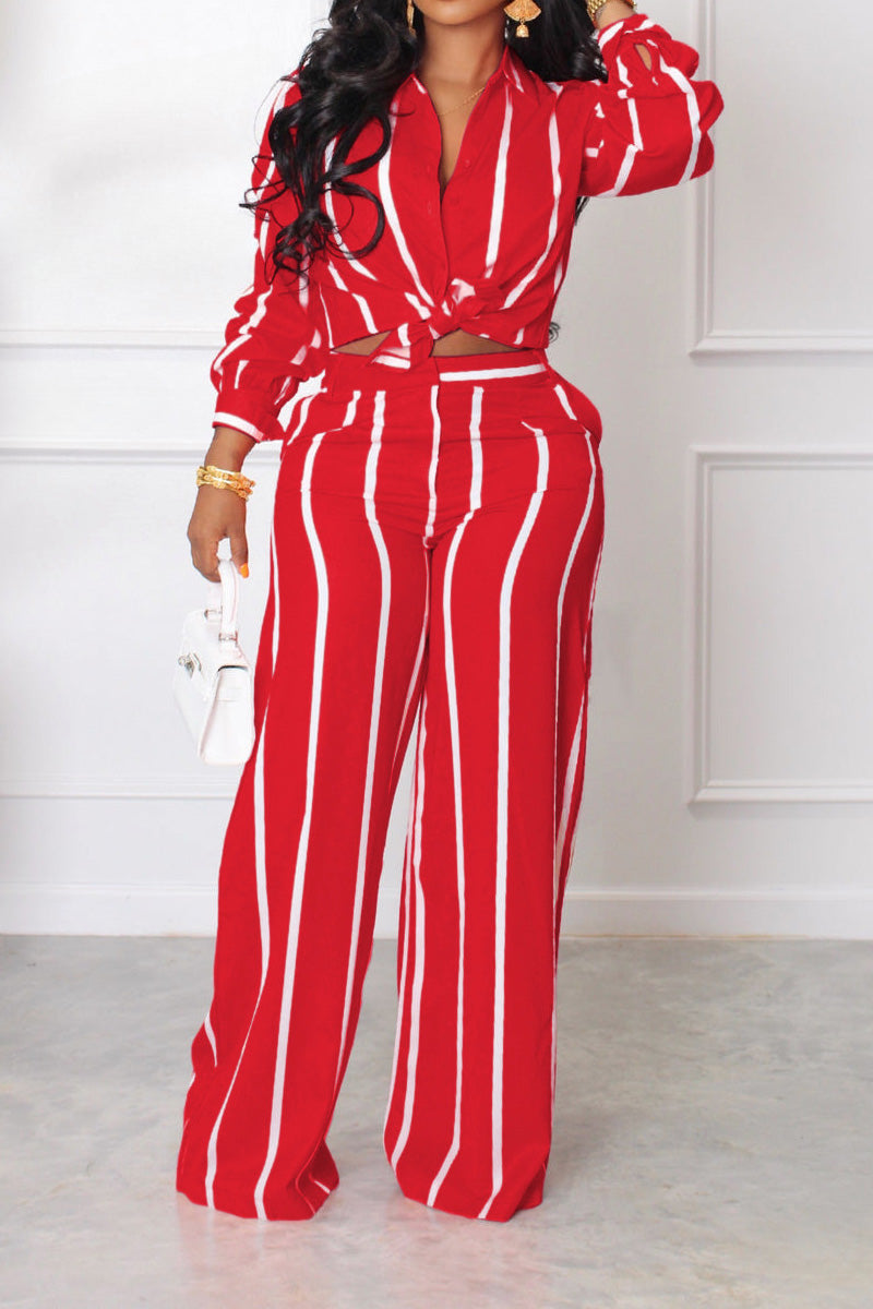 Long Sleeve Loose Printed Striped Shirt Set
