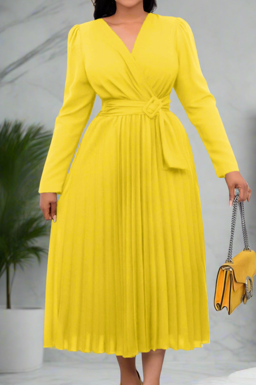 V Neck Long Sleeve Pleated Midi Dress