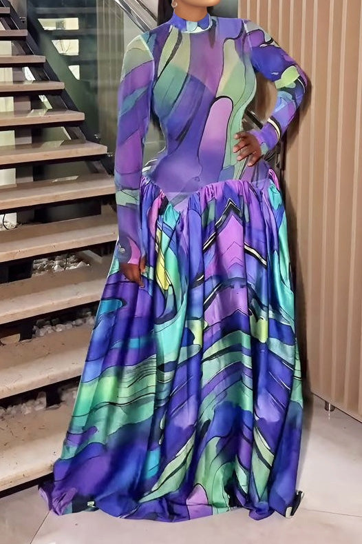 Mock Neck Mesh Floral Maxi Dress