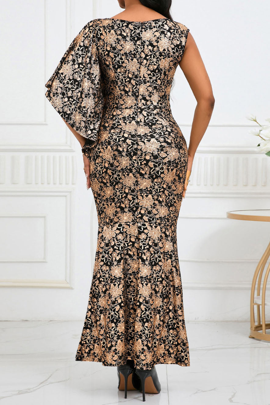 Floral Print Hot Stamping Golden Side Slit Dress
