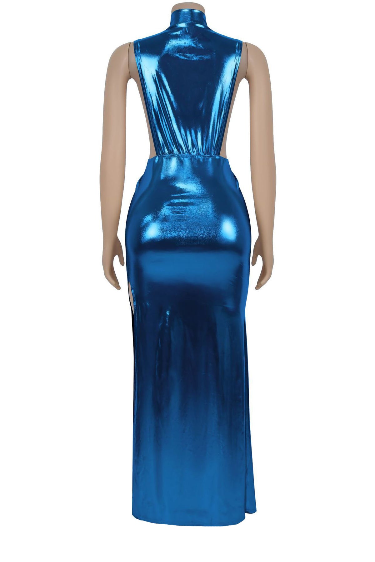 Glossy Side-Slit Mock Neck Maxi Dress