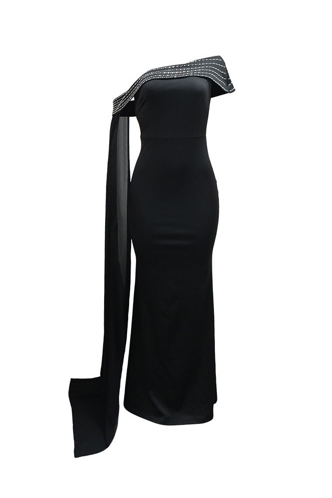 Rhinestone Cape One Shoulder Maxi Dress
