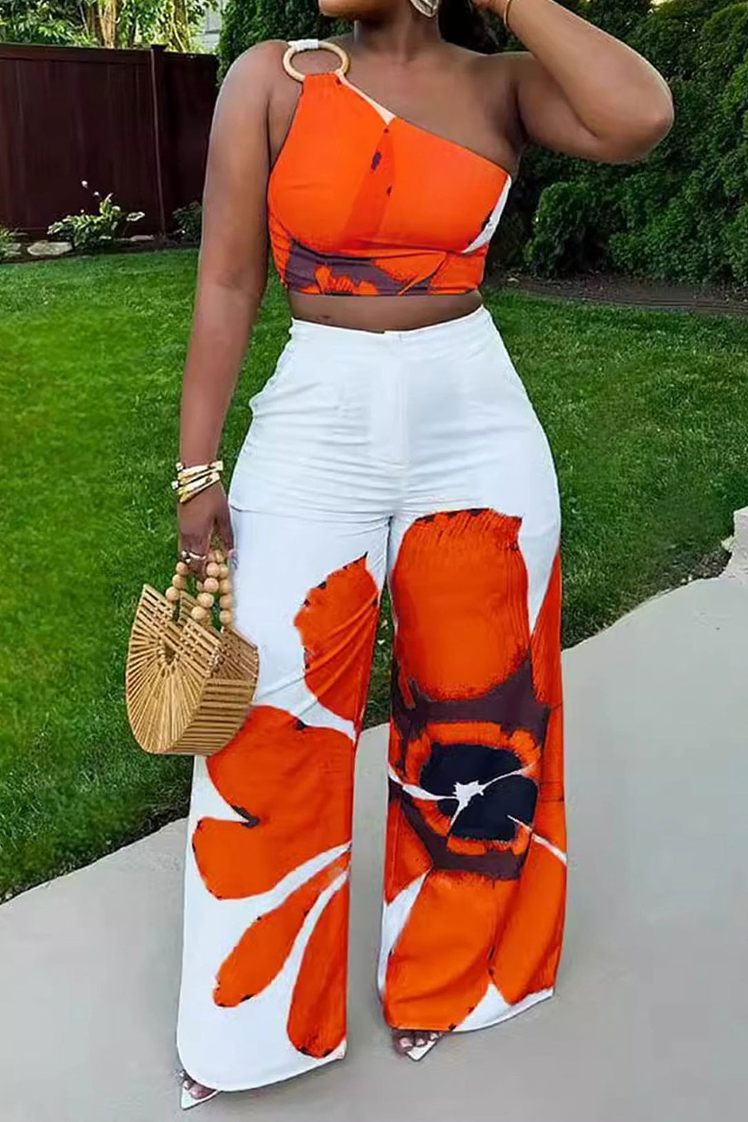 Printed One-Shoulder Top & Wide Leg Pants Set