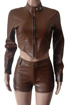Leather Crop Jacket and Shorts Set