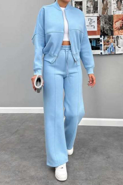 Baseball Collar Full Zip Drawstring Pants Set