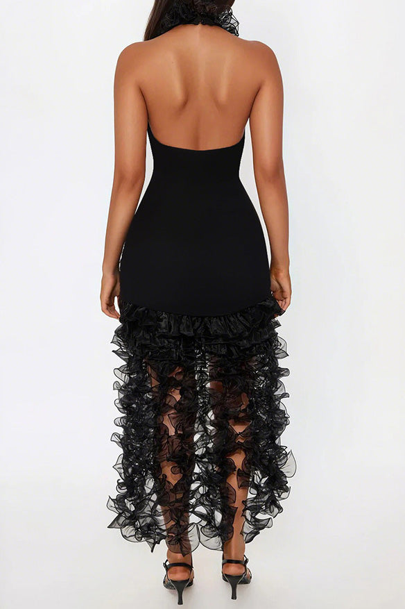 High Neck Cut Out Front Frilly Mini Dress