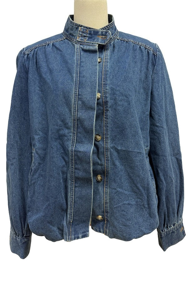Puff-Sleeve Stand-Collar Denim Jacket