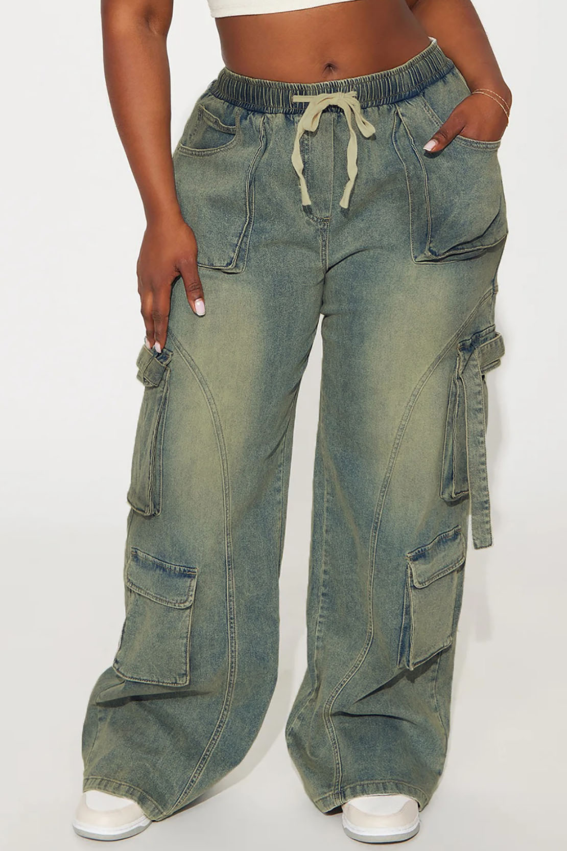 Drawstring Waist Washed Wide Leg Jeans