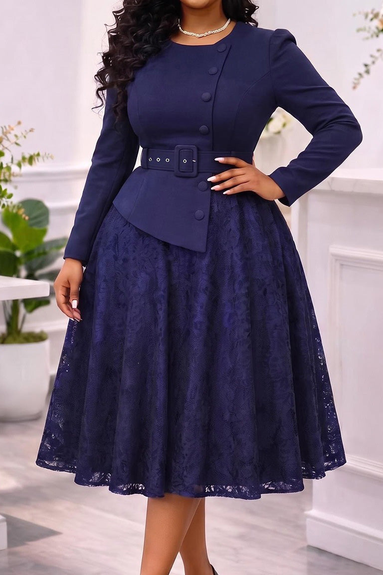 Belted Jacket Lace A Line Midi Dress