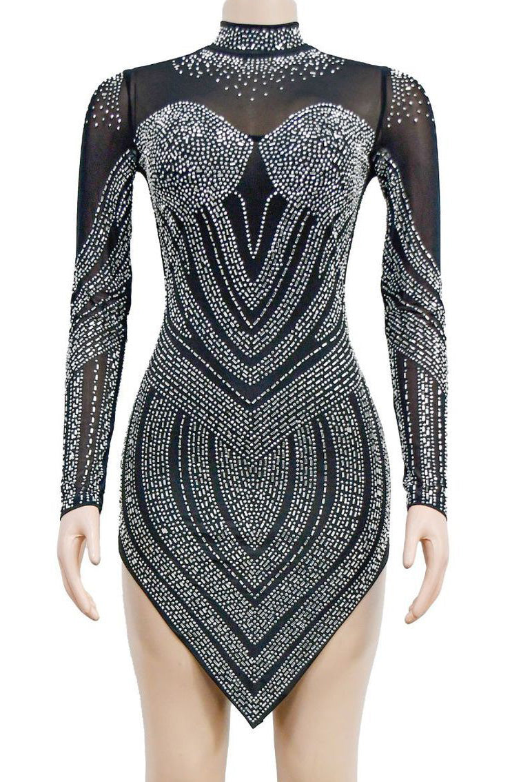 Rhinestone Embellished Sheer Mesh Mini Dress