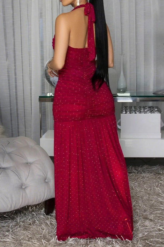 Shimmer Ruched Halter Slit Maxi Gown