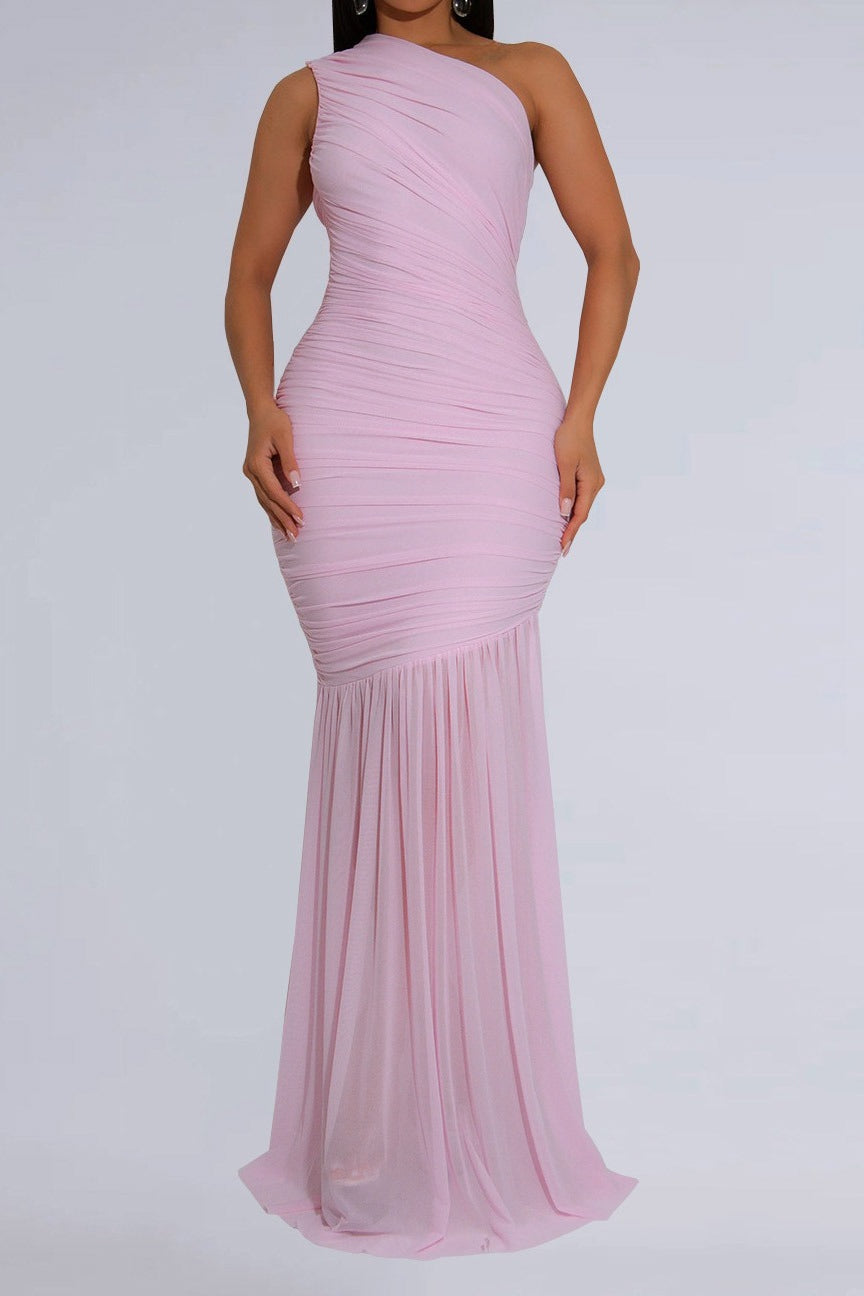 One-Shoulder Ruched Mesh Maxi Dress