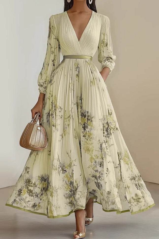 V Neck Floral Long Sleeve A Line Maxi Dress