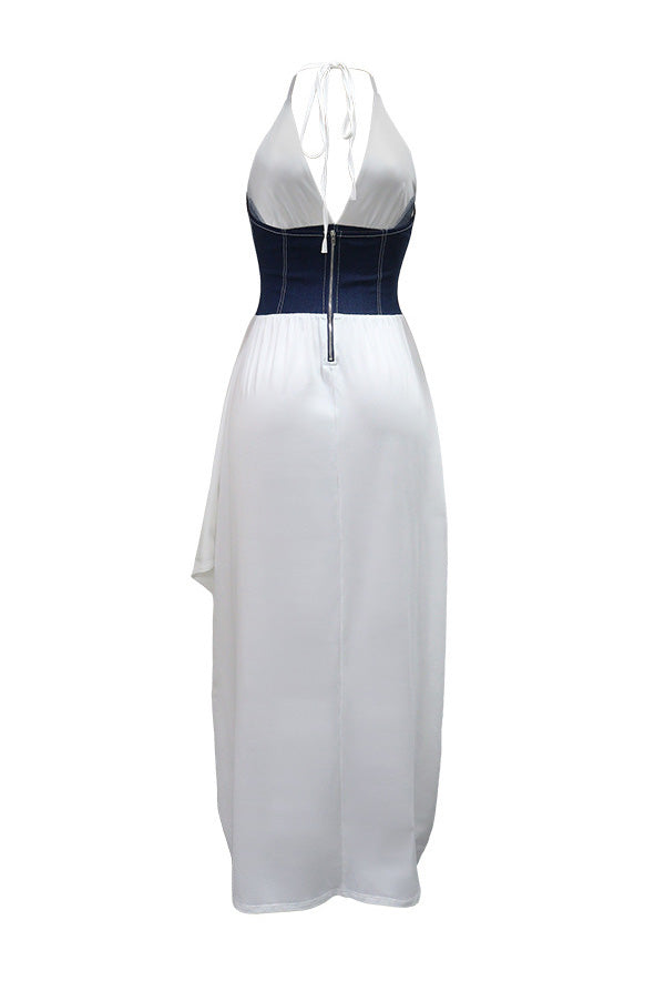 Slim Fit Denim Patchwork Deep V Slit Dress
