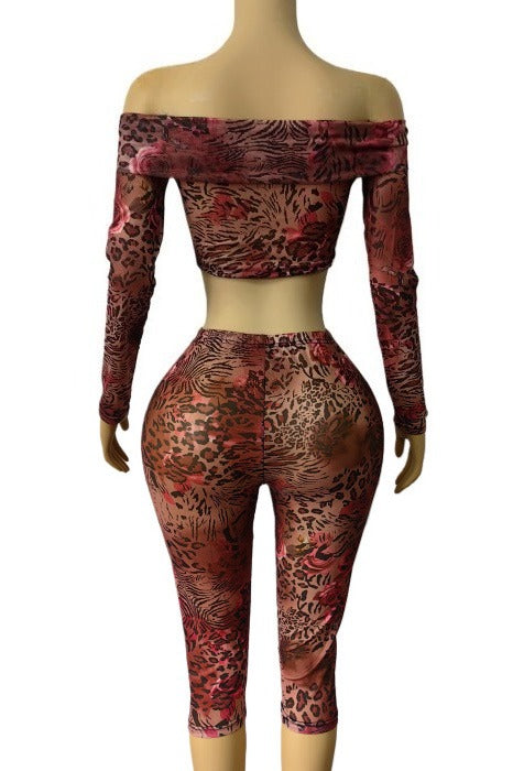 Off Shoulder Mesh Top and Capri Pants Set