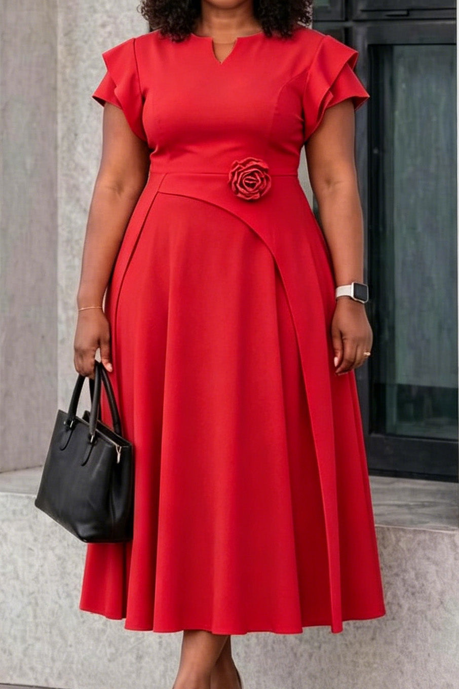 3D Floral Notched Neck A-Line Midi Dress