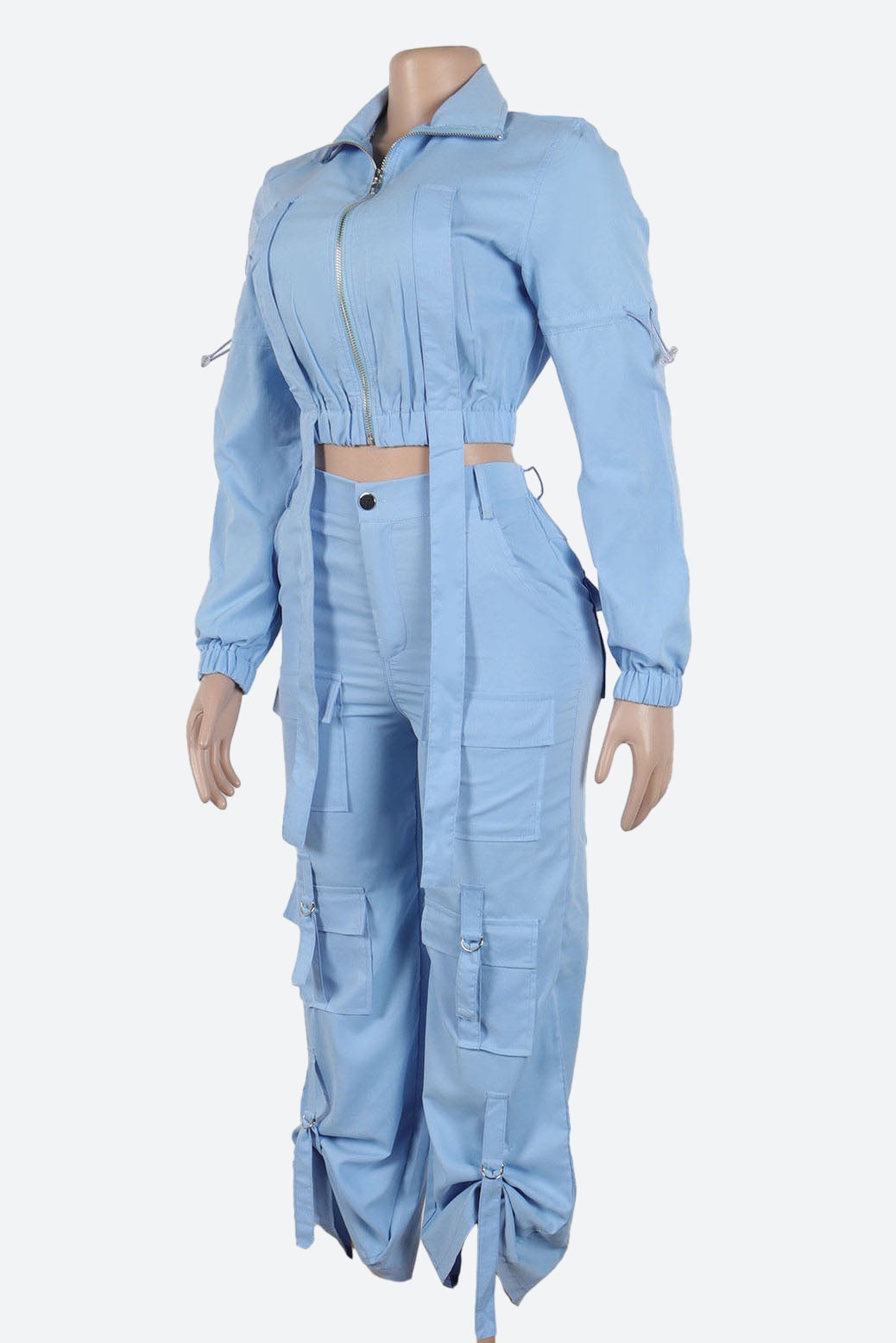 Long Sleeve Crop Jacket Pocket Cargo Pants Set