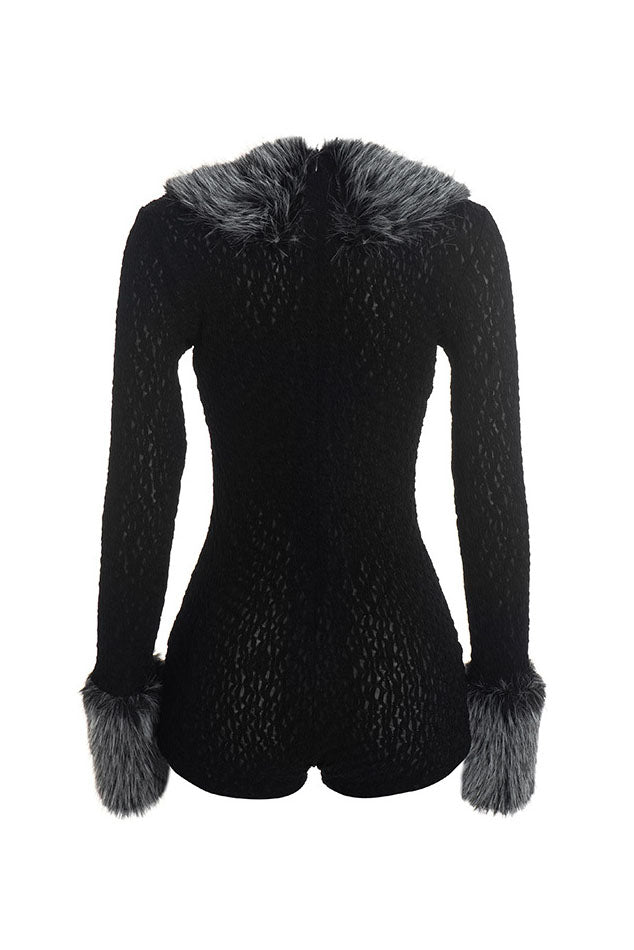 Plush-Trim V-Neck Long-Sleeve Romper