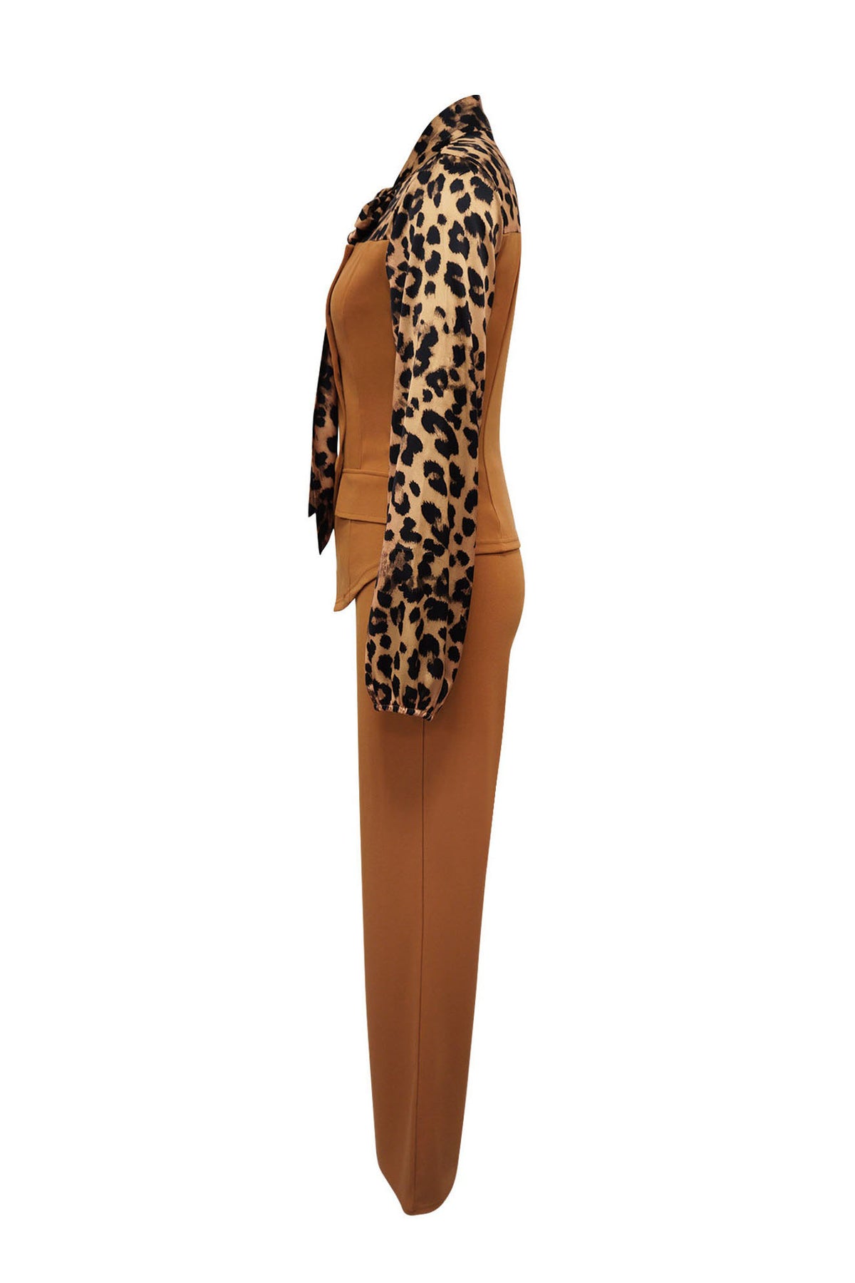 Leopard Print Tie-Neck Tailored Top & Wide Leg Pant Set