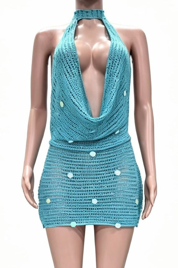 Embellished Plunging Cowl Neck Crochet Mini Dress