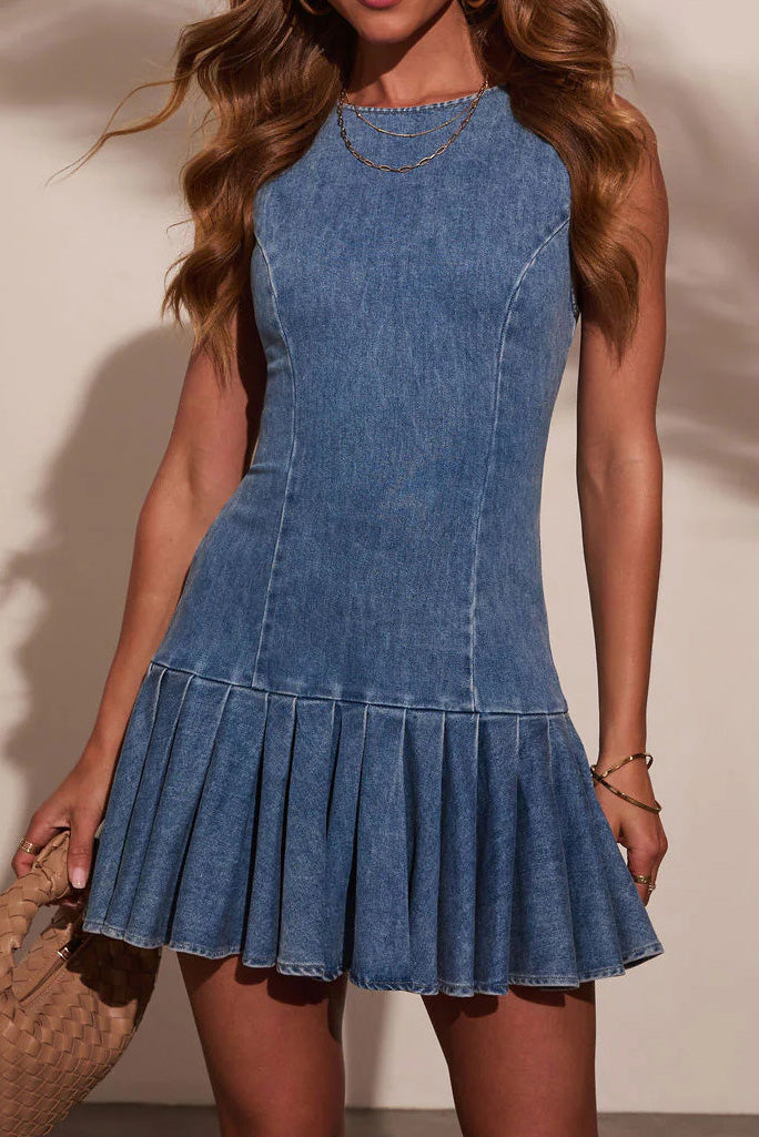 Pleated Denim Mini Dress