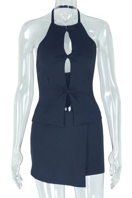Bow Keyhole Halter Top & Asymmetrical Skort Set