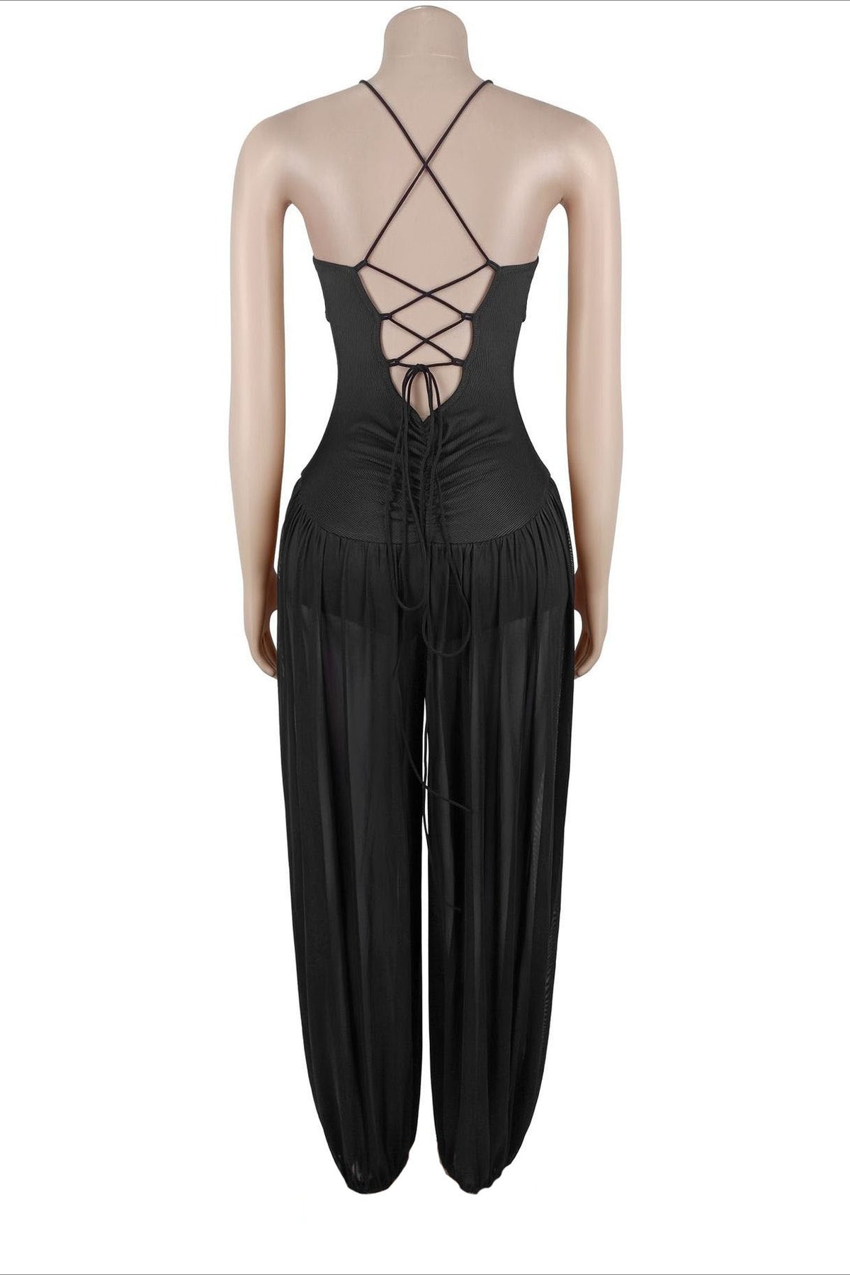Sheer Lace-Up Wide Leg Jumpsuit