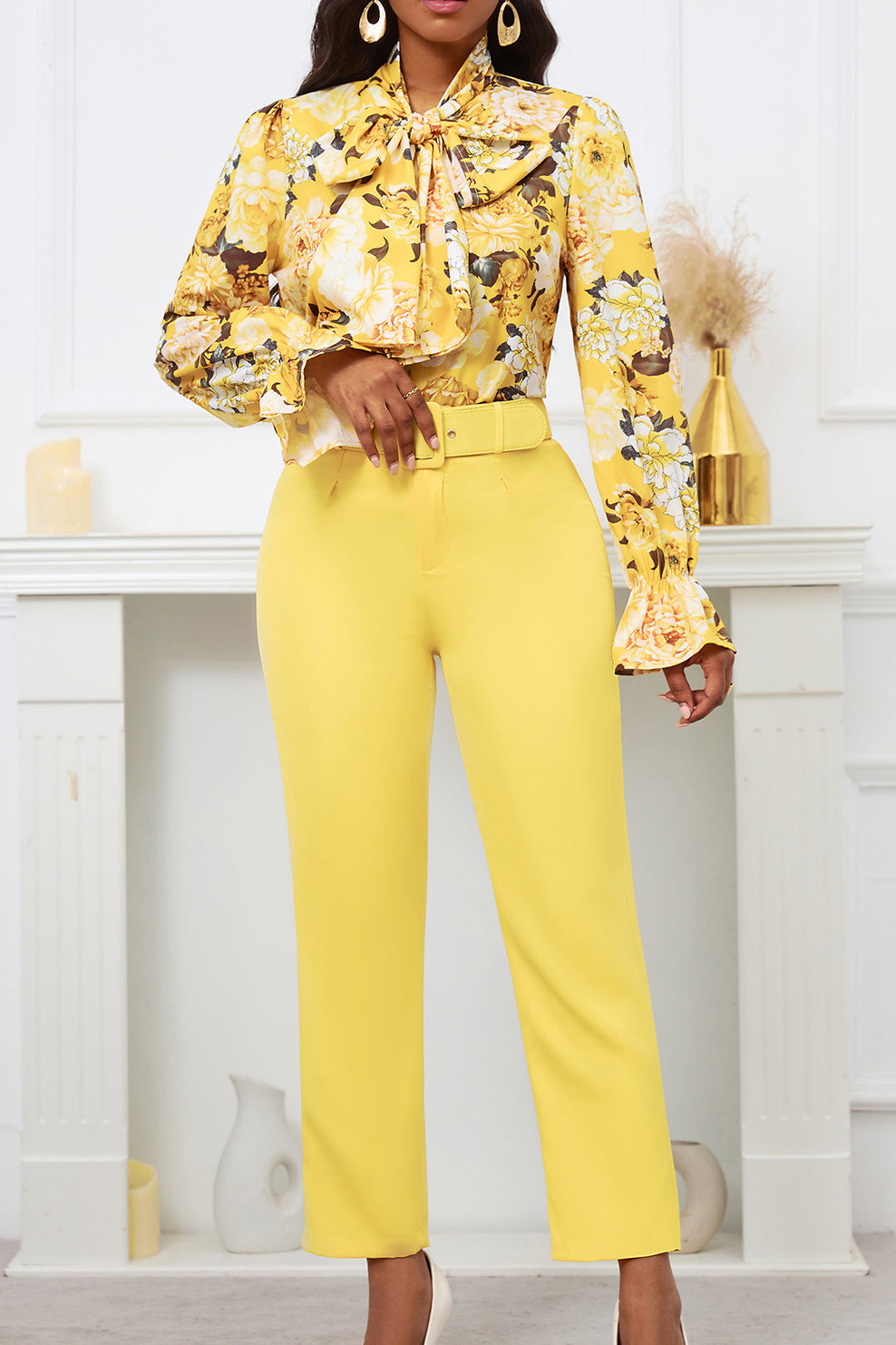 Floral Printing Blouse Solid Color Pants Set