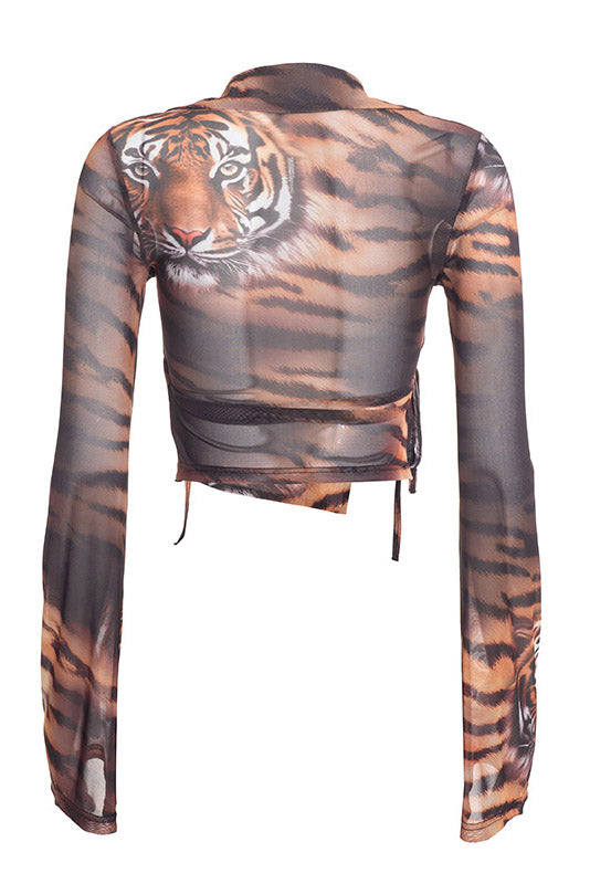 Tiger-Print Tie-Front Mesh Shirt