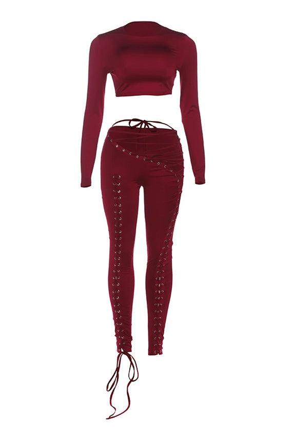 Long Sleeve Crop Top and Lace-Up Pants Set