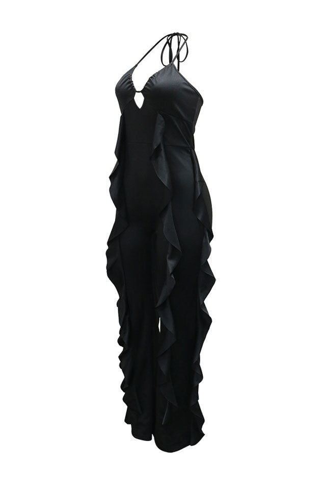 Ruffle-Trim Halter Wide-Leg Jumpsuit