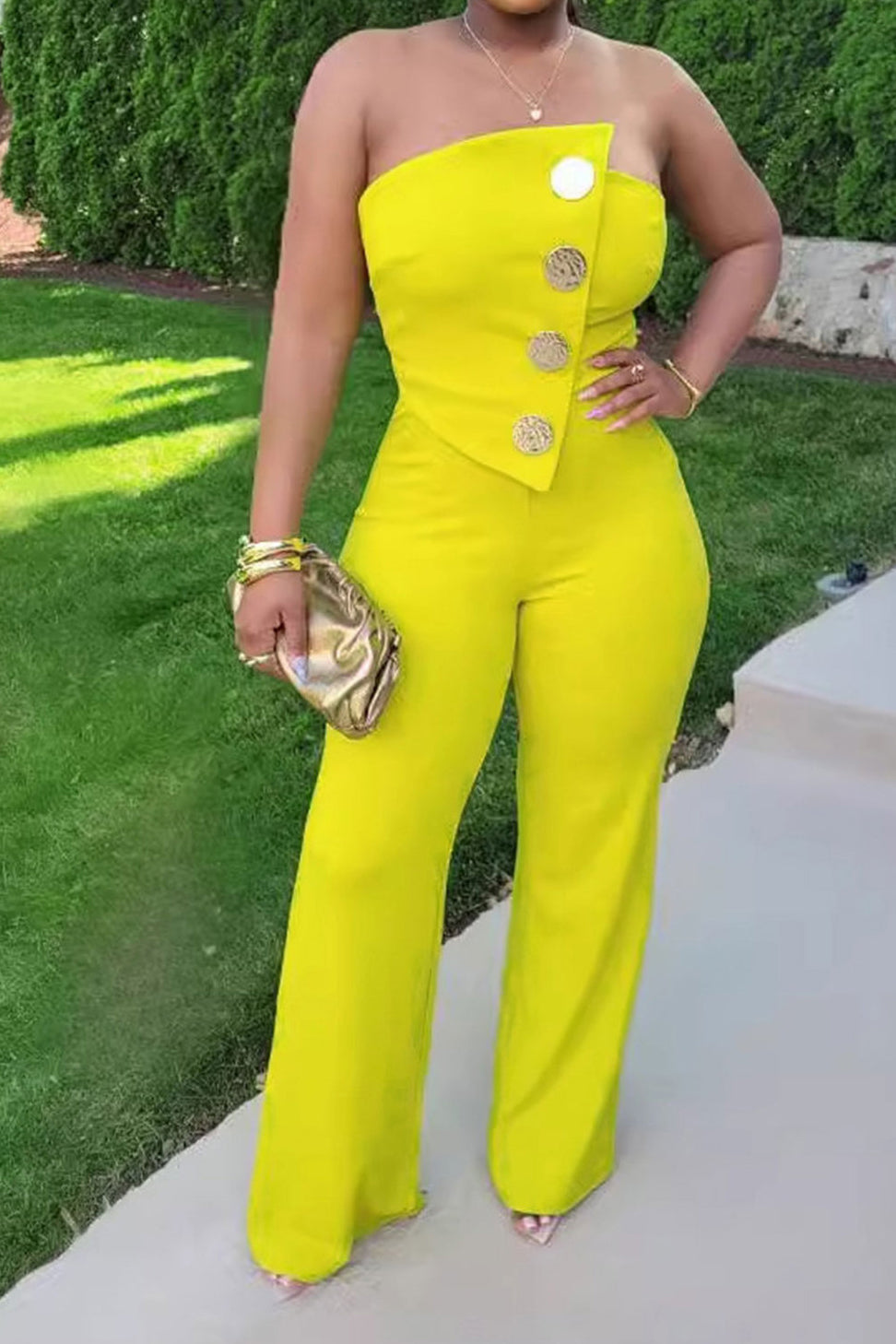 Off Shoulder Button Strapless Irregular Jumpsuits
