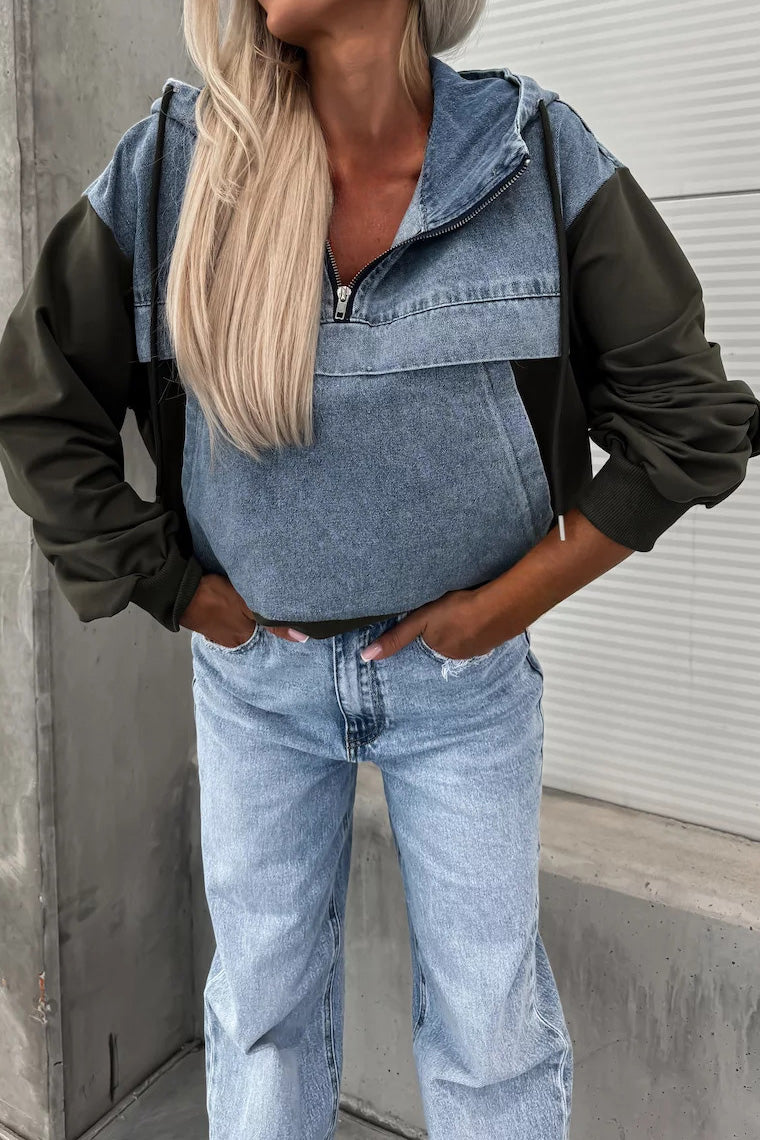 Loose Wash Denim Patchwork Hoodie