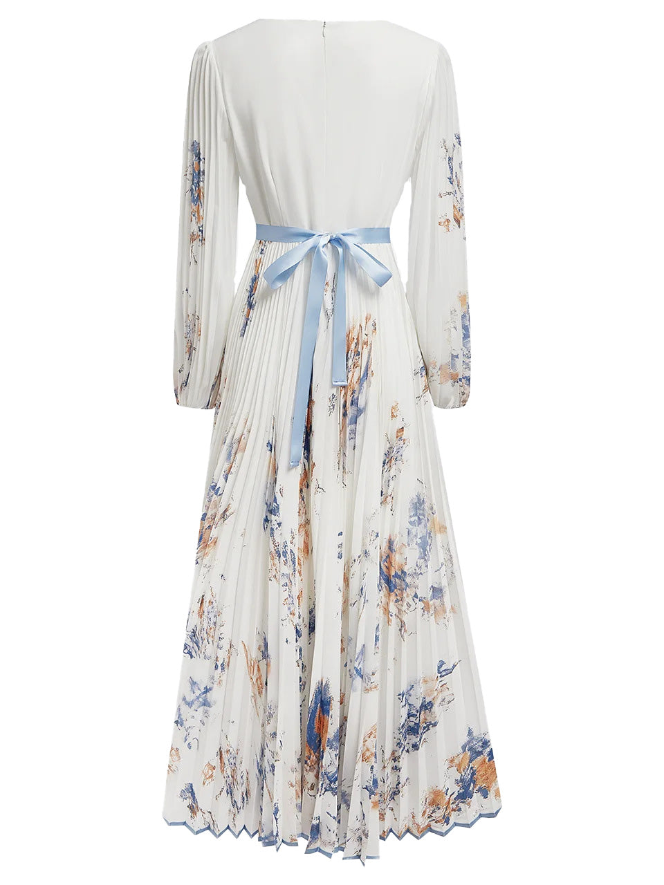 V Neck Floral Long Sleeve A Line Maxi Dress
