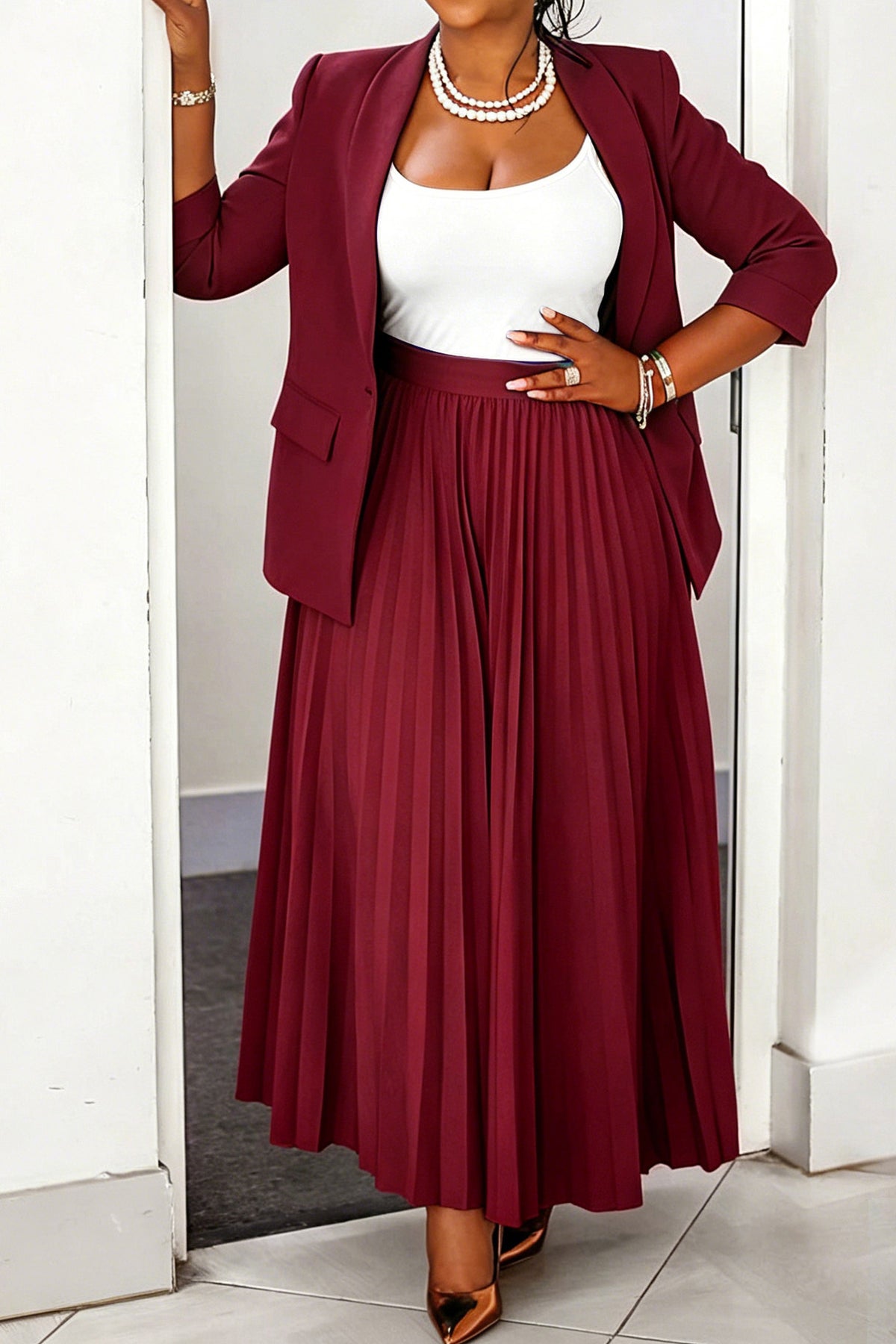 Plus Size Blazer & Pleated Skirt Set