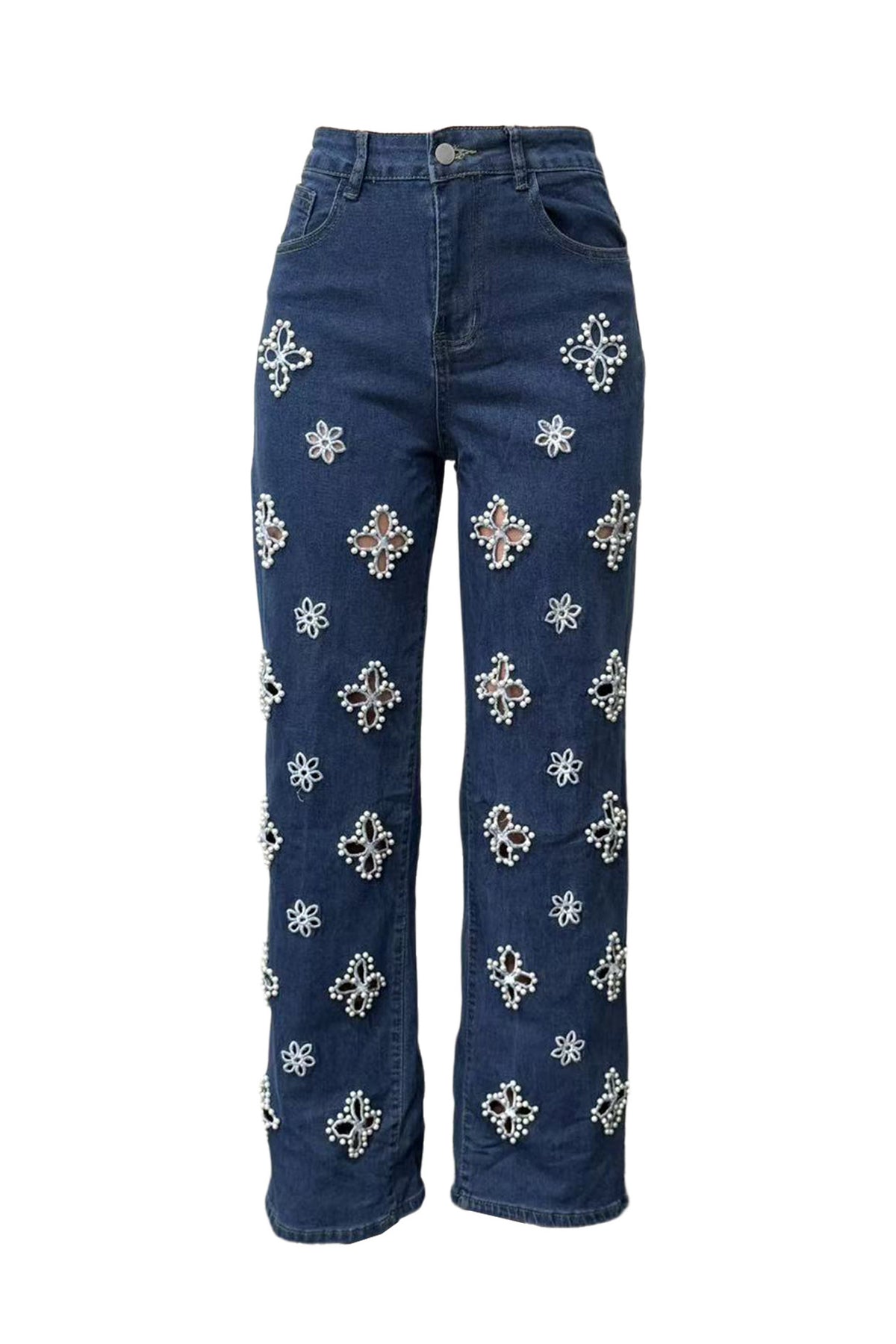 Pearl Embellished Floral Cutout Jeans