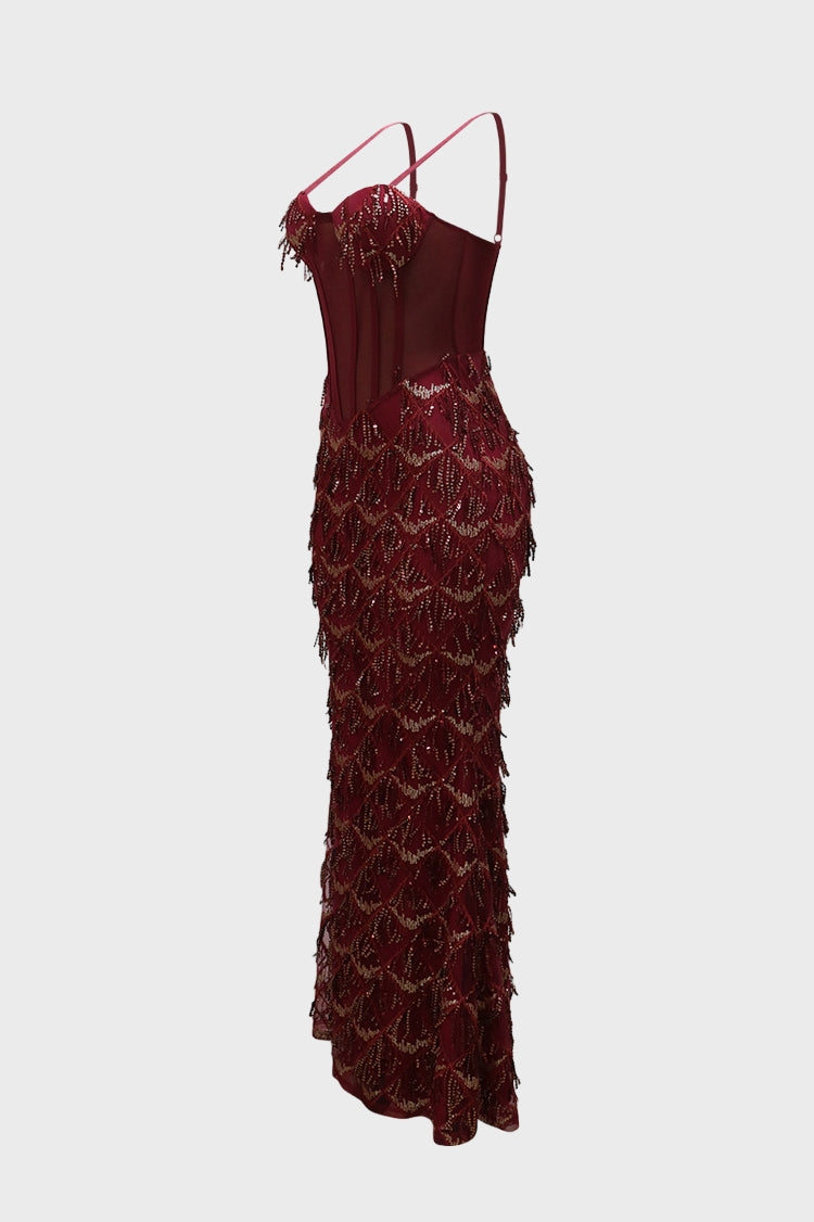 Cami Corset Sequin Fringe Gowns Maxi Dresses