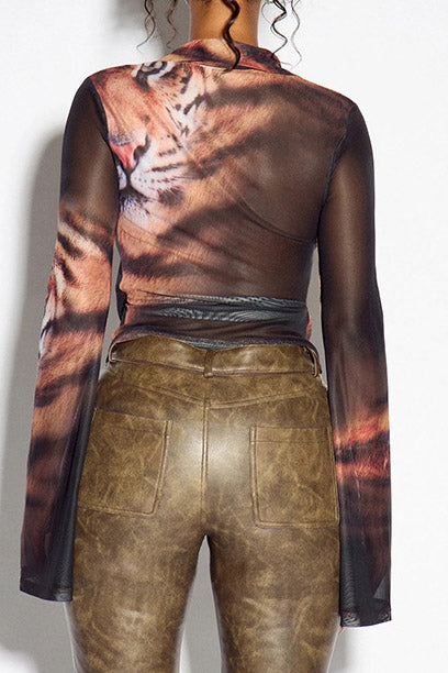 Tiger-Print Tie-Front Mesh Shirt